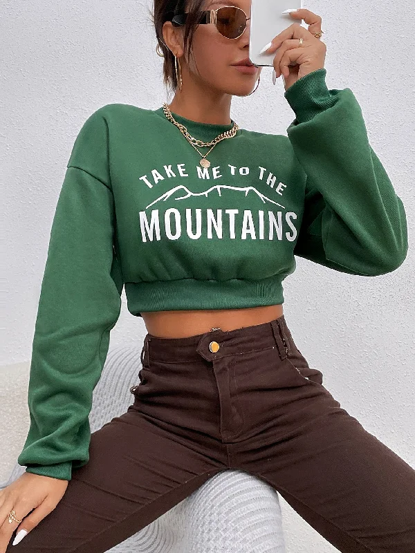 Casual Slogan Long Sleeve Round Neck Crop Women Sweatshirt