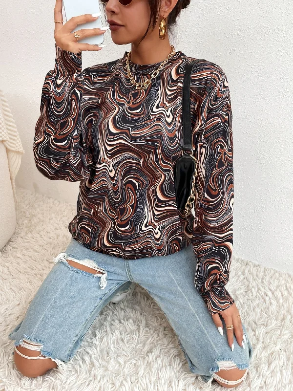 Casual Marble Long Sleeve Stand Collar Regular Women Sweatshirt