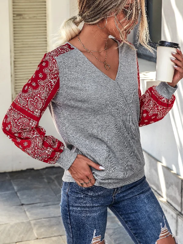 Casual Paisley Long Sleeve V Neck Regular Women Sweatshirt